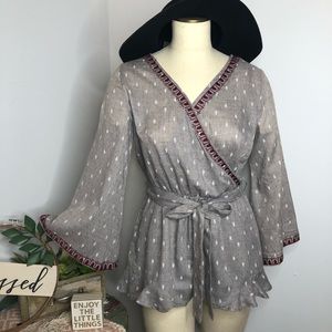 Humming Bird Boho Embroidered Angel Sleeve Romper Sz S  Boho Ruffle Festival